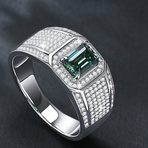 💎NEW Certified 2ct Green Moissanite Men's Statement Ring S925 - Picture 1 of 6
